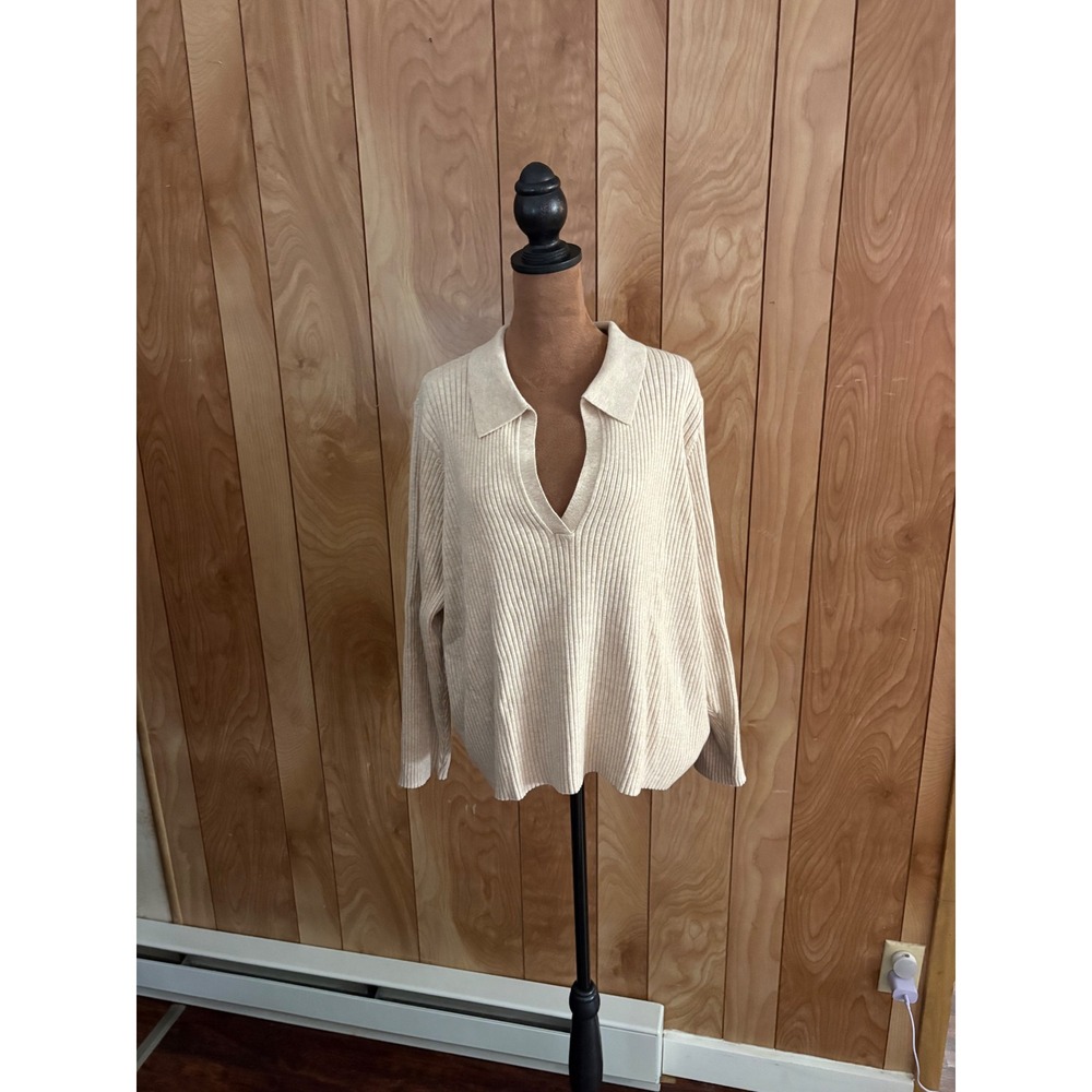 Old Navy Womens XXL Petite Beige Ribbed Knit‎ Polo V-Neck Long Sleeve Sweater